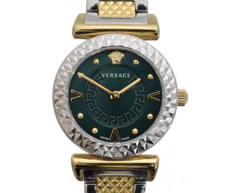 A Versace 'Mini Vanity' quartz wristwatch, ref. VEAA01320. The signed green dial with Medusa head to 12, dot and V markers, q