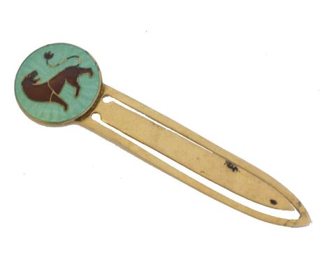 A silver gilt enamel bookmark by David Andersen. With green and brown enamel lion terminal, signed David-Andersen, stamped No