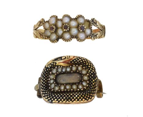 A Georgian split pearl cluster ring. Together with a Georgian enamel and split pearl ourobouros mourning brooch, inscription 