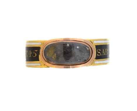 A Georgian enamel mourning ring. The later glazed hairwork panel set atop the black and white enamel band inscribed 'Sarah Pi