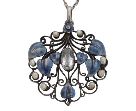 An aquamarine, diamond and enamel pendant, circle of Arthur & Georgie Gaskin. The oval shape aquamarine within a wirework set