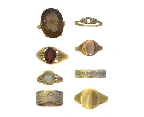 A selection of dress rings.  To include two signet rings, two band rings, and four gem-set rings, five with hallmarks for 9ct