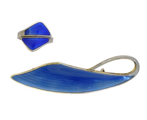 A silver enamel brooch by Axel Holmsen. Together with a silver enamel ring, both bearing maker's mark, stamped 925S, length o