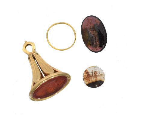 A selection of jewellery. To include a carnelian seal, a Georgian 18ct gold band ring, a loose garnet intaglio depicting Pers