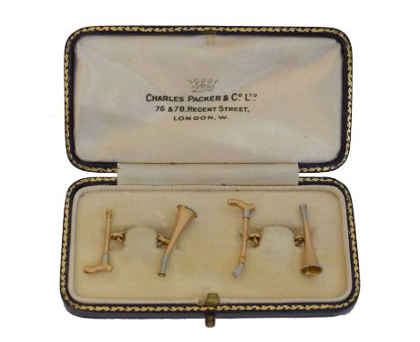 A pair of early 20th century cufflinks. Hunting/equestrian interest - with bugle and riding crop terminals, length 2.4cm, gro