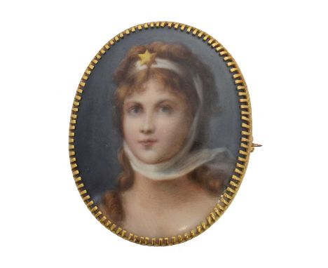 A Victorian portrait miniature brooch. The oval painted porcelain miniature, possibly depicting Queen Louise of Prussia, with