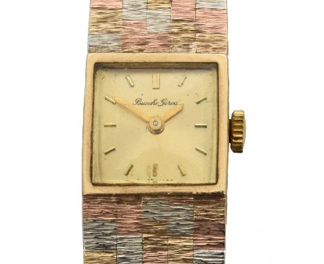 A 1970s 9ct gold Bueche Girod manual wind wristwatch. The signed square shape dial with baton markers, signed 17 jewel manual