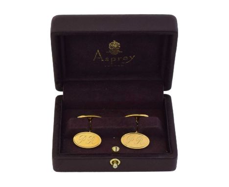 A pair of 18ct gold cufflinks by Asprey. Each designed as a pair of oval shape panels with chain spacers, Asprey &amp; Co, Lo