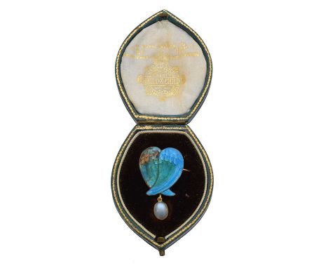 An early 20th century enamel and moonstone brooch by Child & Child, The blue and green enamel pair of wings suspending an ova