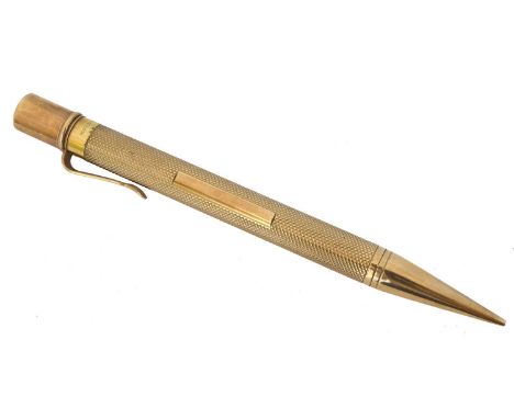 A 9ct gold propelling pencil by Sampson Mordan & Co. With an engine turned finish and vacant cartouche, maker's marks SM&amp;