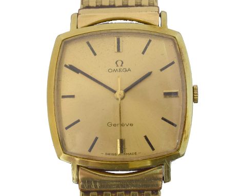 An Omega Geneve manual wind wristwatch, ref. 131.022. The signed gold tone cushion shape dial with baton markers, signed cal.