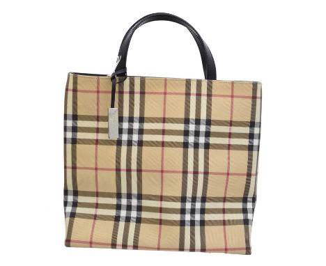 A Burberry handbag. The maker's nova check canvas with smooth black leather single handle and silver-tone hardware.30.5 x 26 