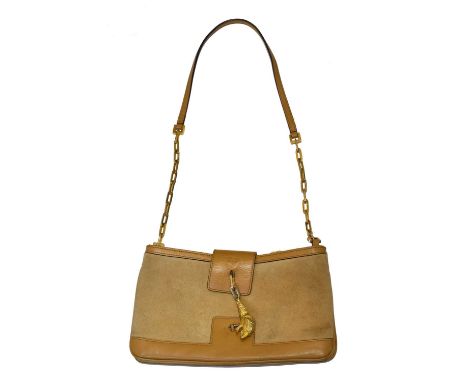 A Gucci 'Tiger Head' shoulder bag. The beige suede and tan leather exterior with gold tone hardware and tiger head clasp, AF 