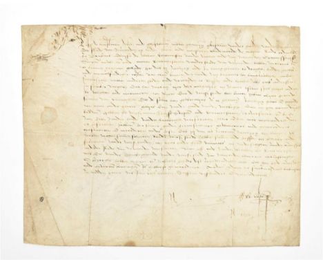 Manuscript on vellum, 26 x 33 cm, signed illegibly. Apparently an official request by the "gulde vanden hantboghe" (longbow g