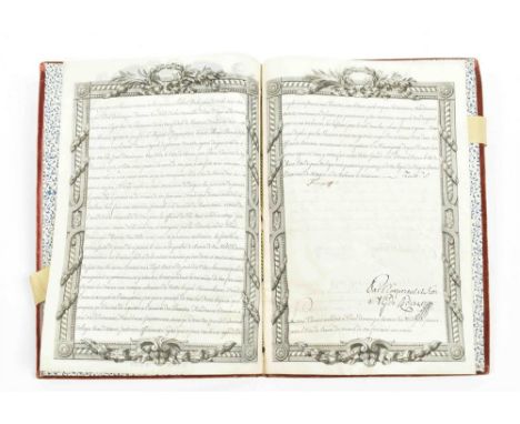 Manuscript diploma of nobility on 2 vellum bifolia, 5 pages of neat calligraphic text (4 pages w. engr. borders), dated Vienn