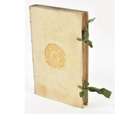 Full vellum binding w. gilt coat of arms of Alkmaar as centrepiece, front and back covers, cloth ties, manuscript title on sp
