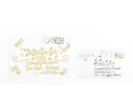 (1) Envelope, 11 x 19 cm, with handwritten text in black marker. Postmarked 18 Feb. 1992, addressed to 'Poet Ruby Fuchs' Haag
