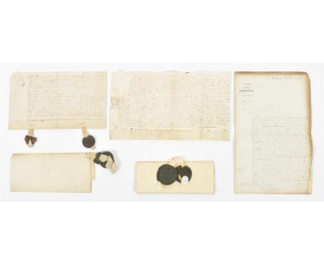 1638-1851. Comprising 12 documents on vellum, some w. attached wax seals, and 2 documents on paper. (1) Document concerning t