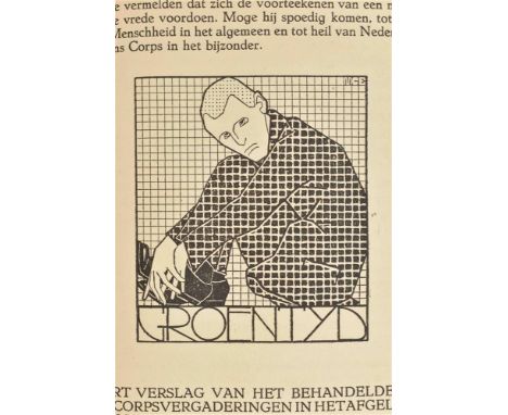 Offset (?) print after a drawing (?) by Escher. 73 x 63 mm. Titled and monogrammed in the image. In: Delftsche Studenten Alma