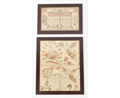 Manuscript bible text on paper w. ills. in pen and ink and red and green watercolour, 42.5 x 33 cm, signed "Reike Sjoerds" an