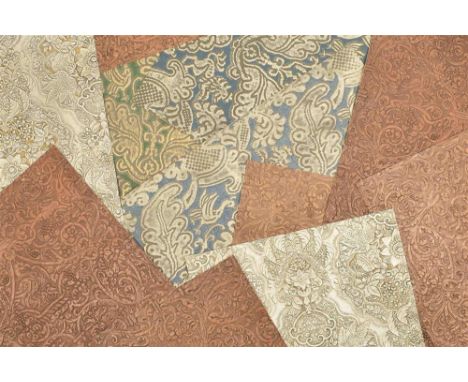 In the style of kinkarankaragami, Japanese leather wallpaper. 12 total samples of floral motifs w. birds: 7 variants of one d