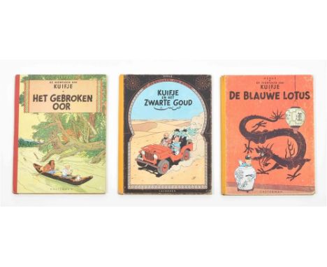 Casterman, 1955. 3rd Dutch ed. Right corners of covers reinforced w. tape, overall (light) trace of use. (2) Het Gebroken Oor