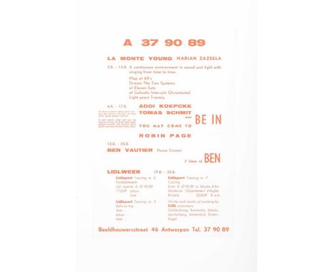 Small flyer, 22 x 15 cm, printed red on off-white stock. Announcement of the program for August 1969 at the important experim