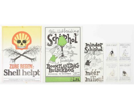 1970s, all Dutch, var. sizes. Incl. a.o.: (1) Opland (R. Wout, 1928-2001). 2 anti-Schiphol posters. (2) Zure Regen: Shell hel