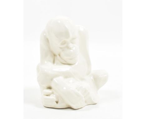 White glazed ceramic figurine. Maastricht, Sphinx, ca. 1930. 16 x 16 x 13 cm. Stamp "GOA/ N.V. de Sphinx" on bottom. 