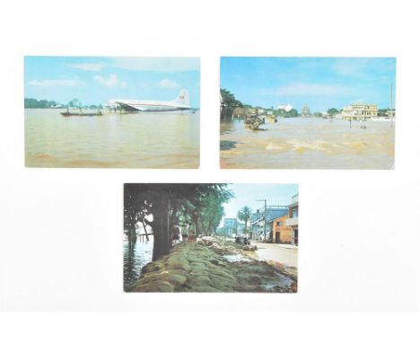 Set of 3 vintage colour postcards 9 x 14.2 cm, bought by de vries in Vientiane - Laos, depicting the flood in 1966. Verso wit