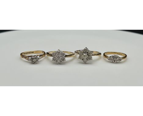 4x 18ct yellow gold diamond dress rings, 2x large daisy diamond clusters, 1x small diamond heart set ring, 1x single solitiar