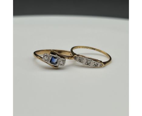 2x antique 18ct yellow gold diamond rings, sapphire and diamond 3 stones is size N, 5 stone diamond ring is size L, 3.7 grams