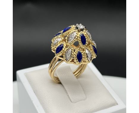 An 18ct yellow gold deco style diamond + enamel handcrafted tower ring,
hallmarked,
tower rises to 16mm above finger height,
