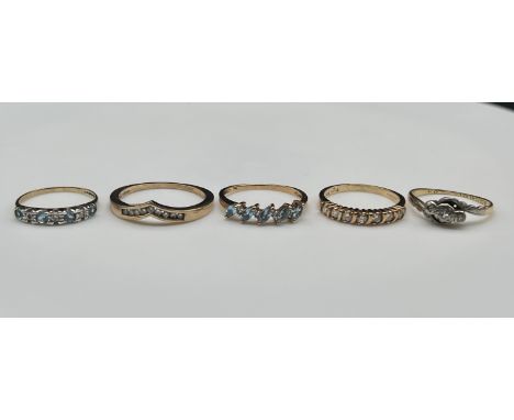 5x 9ct yellow gold diamond dress rings, 10.5 grams in weight approx, very nice eternity band size N, a blue stone set with di