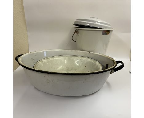 A collection of enamel ware items, bucket, basin and a bowl