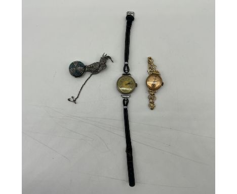 3x vintage watches, one is an Elephant brooch watch made by Majorex, gold plated watch made by Silvana swiss made, silver cas