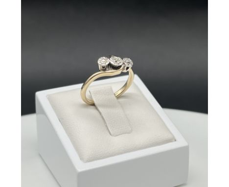 A vintage 9ct yellow gold 3 stone twist diamond ring, 2.6 grams in weight approx, size L , very nice condition