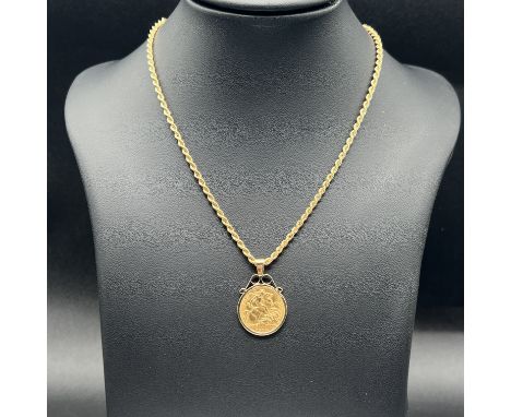A 22ct half sovereign with a 9ct yellow gold mount and an 18ct yellow gold solid diamond cut rope chain, the sovereign and mo