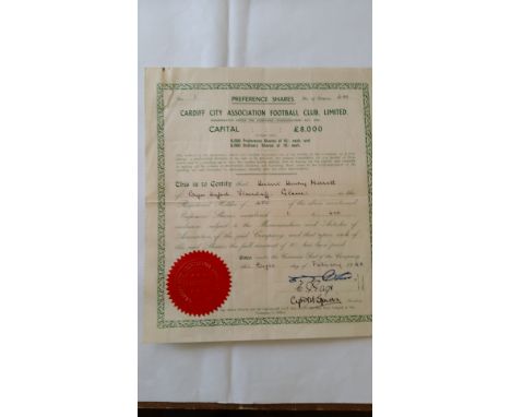 FOOTBALL, Cardiff City share certificate for Herbert Henry Merrett, dated 8th Feb 1940, Merrett was Chairman from 1939-1957, 