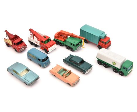 9 Matchbox Series. Ford Heavy Wreck Truck, ESSO. An 8 Wheel Crane. Leyland Petrol Tanker, B.P. GMC Refrigerated Truck. Thames