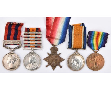 Five: IGS 1854, 1 clasp Burma 1889-92 (...03 Pte C. Mullins 2nd Bn Devon...(sic) naming worn); QSA 5 clasps T.Hts, OFS, Rel o