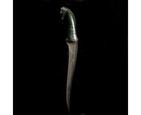 An Indian dagger pesh kabz. Recurved T-section 19th century wootz SE blade 22cms with some gold damascened details (worn), da