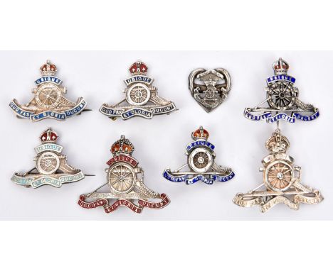 6 R Artillery enamelled "Silver" and "Sterling" sweetheart brooches, design as for cap badge (one set with brilliants), and a