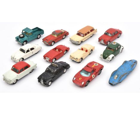 12x Corgi Toys cars. Land Rover 109" in metallic green. Aston Martin DB4. Plymouth Sports Suburban. Volkswagen 1200 Saloon. 2