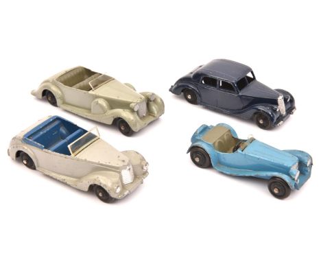 4 Dinky Toys. 38c, Lagonda in light grey with grey seats. 38e, Armstrong Siddeley in light grey with blue seats. 38f, Jaguar 