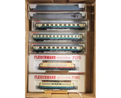 7x N gauge model railway Deutsche Bahn items by Fleischmann. Including a Class 103 Co-Co pantograph electric locomotive, 103 