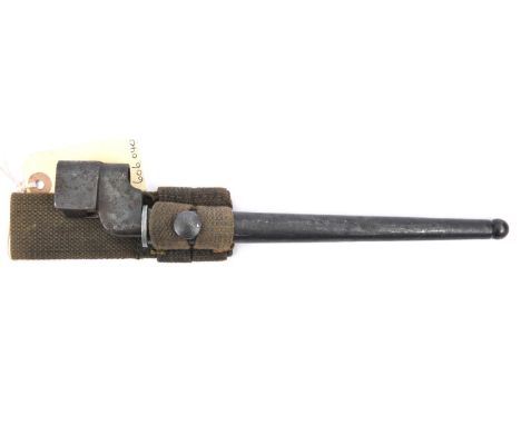 A No 4 Mk I spike bayonet,  cruciform section blade, socket marked "...Mk I, SM" (unclear) in scabbard marked "No 4 Mk I" on 