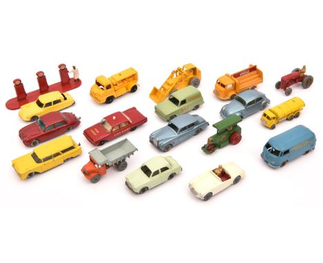 18 Matchbox Series. Aveling Barford Road Roller, Massey Harris Tractor, Quarry Truck, ERF Road Tanker, MGA, Hydraulic Excavat