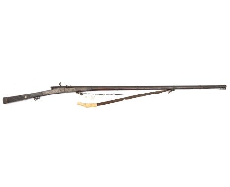 A slender 20 bore Indian matchlock gun, torador, 61" overall, barrel 44" with slightly swollen muzzle retaining some gold wir