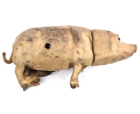 Roullet et DeCamps French clockwork pig automaton. The body covered with chamois/kid leather, glass eyes, pink painted snout,